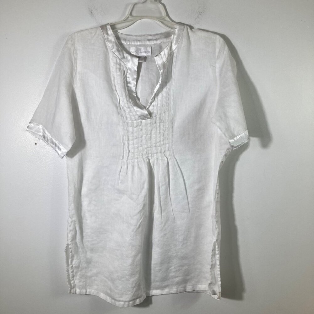Womens Soft Surroundings‎ Linen V Neck Tunic Front Pleats Satin Trim White 8